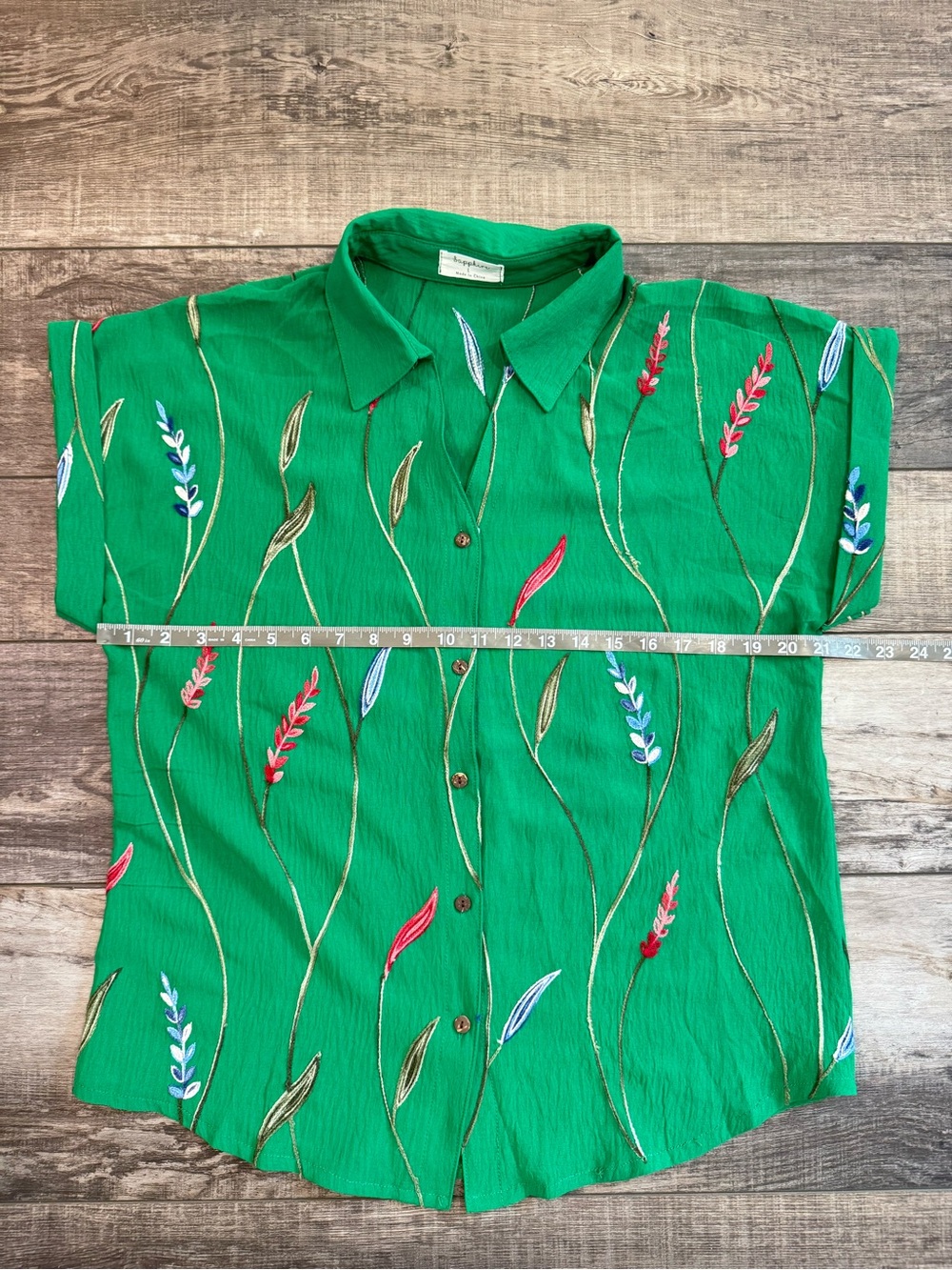 Anthropologie Green Embroidered Button-Down Shirt - Relaxed Short Sleeve Sz Lg - Picture 5 of 7